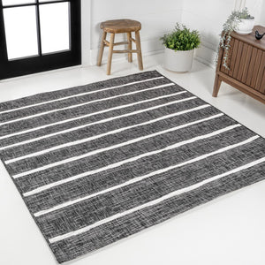 HomeRoots 8' Black And Ivory Square Striped Indoor Outdoor Area Rug - Modern Style for High-Traffic Spaces 704575