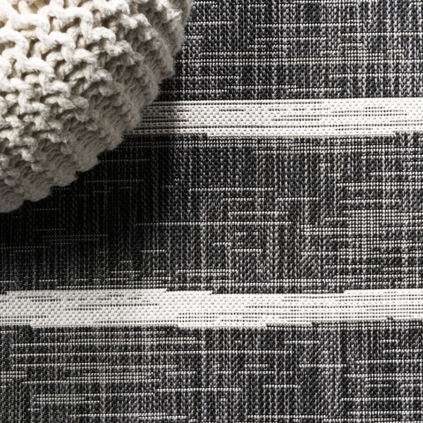 HomeRoots 8' Black And Ivory Square Striped Indoor Outdoor Area Rug - Modern Style for High-Traffic Spaces 704575