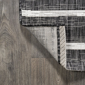 HomeRoots 9' Black and Ivory Striped Area Rug - Durable Indoor/Outdoor Square Design for Modern Spaces! 704578