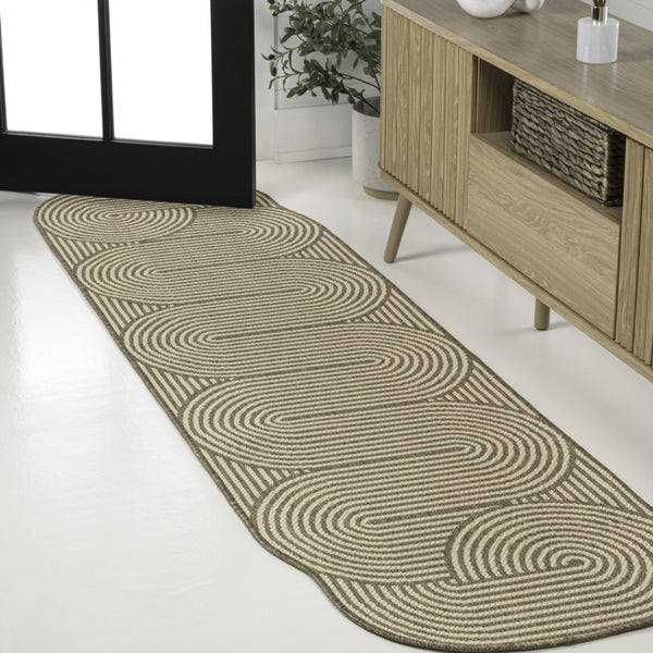 HomeRoots 8' Beige and Brown Abstract Runner Rug - Versatile Indoor/Outdoor Comfort for Hallways and Patios 704597
