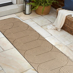 HomeRoots 8' Beige and Brown Abstract Runner Rug - Versatile Indoor/Outdoor Comfort for Hallways and Patios 704597
