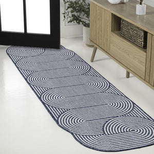 HomeRoots 8' Cream and Navy Blue Abstract Runner Rug - Durable Indoor/Outdoor Design for High-Traffic Areas 704599