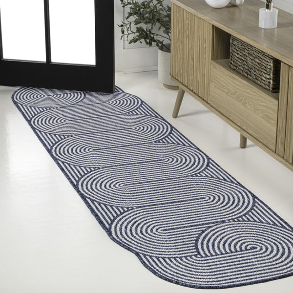 HomeRoots 8' Cream and Navy Blue Abstract Runner Rug - Durable Indoor/Outdoor Design for High-Traffic Areas 704599
