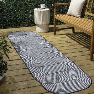 HomeRoots 8' Cream and Navy Blue Abstract Runner Rug - Durable Indoor/Outdoor Design for High-Traffic Areas 704599