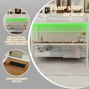 English Elm Full Over Twin Metal Bunk Bed with Desk Led Strip Shelves for Teen Dorm Rooms Ancient White W1935S00010