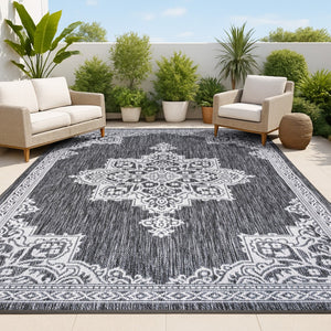 HomeRoots 5' Dark Gray and Cream Medallion Area Rug - Indoor/Outdoor Durable Style for Any Space, Easy Care! 704603