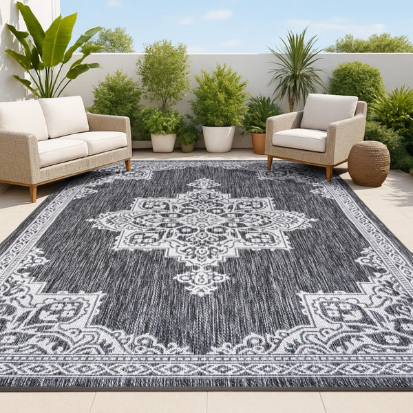 HomeRoots 5' Dark Gray and Cream Medallion Area Rug - Indoor/Outdoor Durable Style for Any Space, Easy Care! 704603