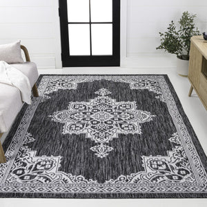 HomeRoots 5' Dark Gray and Cream Medallion Area Rug - Indoor/Outdoor Durable Style for Any Space, Easy Care! 704603