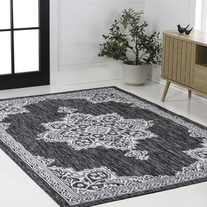 HomeRoots 5' Dark Gray and Cream Medallion Area Rug - Indoor/Outdoor Durable Style for Any Space, Easy Care! 704603