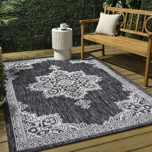 HomeRoots 5' Dark Gray and Cream Medallion Area Rug - Indoor/Outdoor Durable Style for Any Space, Easy Care! 704603