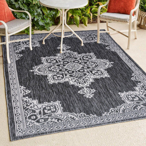 HomeRoots 5' Dark Gray and Cream Medallion Area Rug - Indoor/Outdoor Durable Style for Any Space, Easy Care! 704603