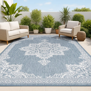 HomeRoots 5' Blue and Cream Medallion Area Rug - Durable Indoor/Outdoor Design for Elegant Spaces, 5x8' Size 704613