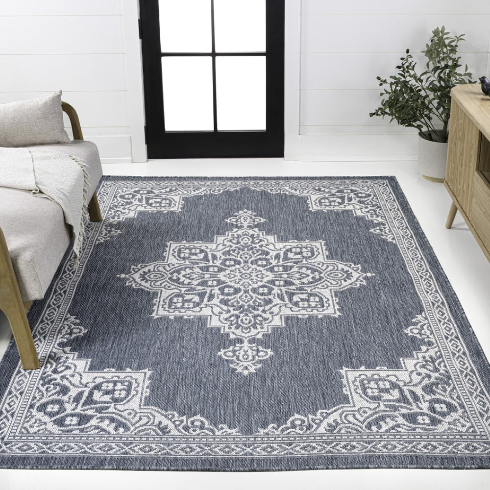 HomeRoots 8' Blue and Cream Medallion Indoor Outdoor Area Rug - Durable, Stylish, and Easy to Maintain! 704614