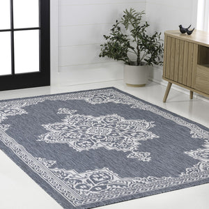HomeRoots 8' Blue and Cream Medallion Indoor Outdoor Area Rug - Durable, Stylish, and Easy to Maintain! 704614