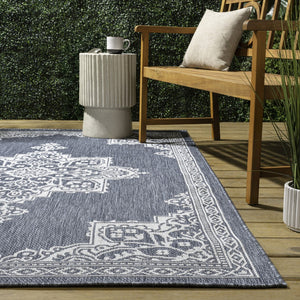 HomeRoots 8' Blue and Cream Medallion Indoor Outdoor Area Rug - Durable, Stylish, and Easy to Maintain! 704614
