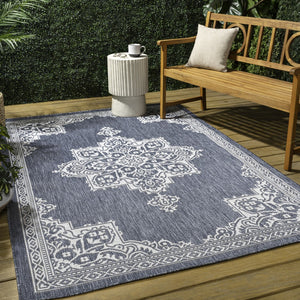 HomeRoots 8' Blue and Cream Medallion Indoor Outdoor Area Rug - Durable, Stylish, and Easy to Maintain! 704614