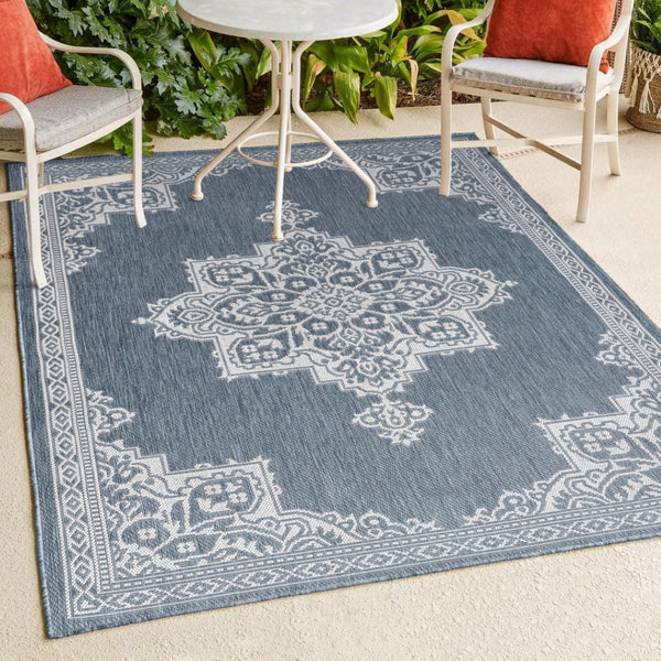 HomeRoots 8' Blue and Cream Medallion Indoor Outdoor Area Rug - Durable, Stylish, and Easy to Maintain! 704614