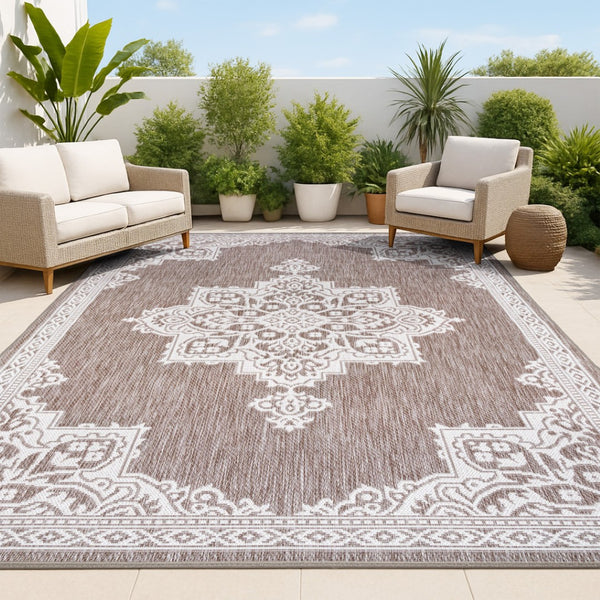 HomeRoots 5' X 8' Light Brown & Cream Medallion Area Rug - Durable, Stylish Indoor/Outdoor Decor Solution! 704618