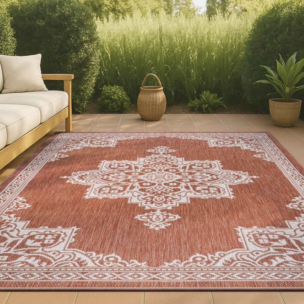 HomeRoots 8' X 10' Terra Cotta and Cream Medallion Area Rug - Timeless Indoor/Outdoor Style for Any Space! 704624