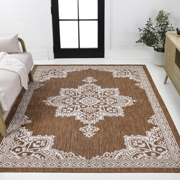HomeRoots 8' X 10' Terra Cotta and Cream Medallion Area Rug - Timeless Indoor/Outdoor Style for Any Space! 704624
