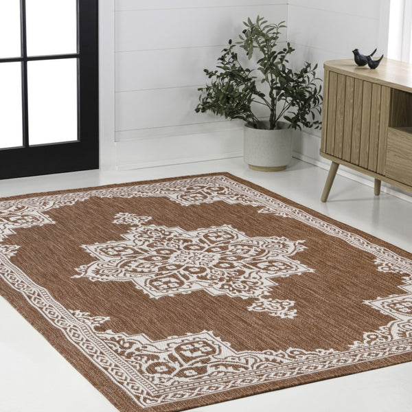 HomeRoots 8' X 10' Terra Cotta and Cream Medallion Area Rug - Timeless Indoor/Outdoor Style for Any Space! 704624