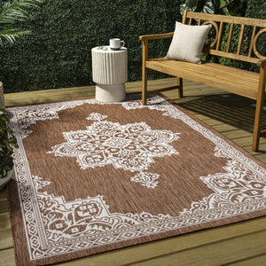 HomeRoots 8' X 10' Terra Cotta and Cream Medallion Area Rug - Timeless Indoor/Outdoor Style for Any Space! 704624
