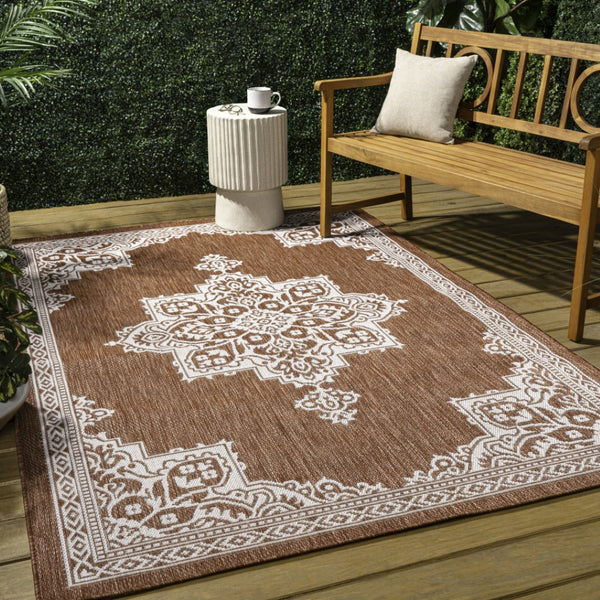 HomeRoots 8' X 10' Terra Cotta and Cream Medallion Area Rug - Timeless Indoor/Outdoor Style for Any Space! 704624