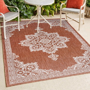 HomeRoots 8' X 10' Terra Cotta and Cream Medallion Area Rug - Timeless Indoor/Outdoor Style for Any Space! 704624
