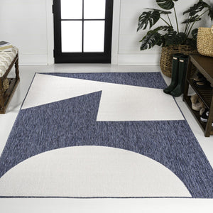 HomeRoots 5' Geometric Indoor Outdoor Area Rug in Navy Blue & Cream - Stylish, Durable, and Versatile Design 704633