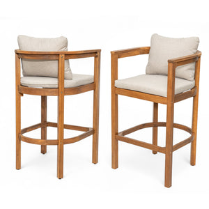 English Elm Christopher Knight Home® - Abaco Acacia Outdoor Barstool Set of 2 with Removable Gray Cushions, Rustic Curved Back Support Teak+ Beige N775P294071T