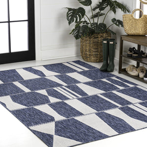 HomeRoots 8' X 10' Navy Blue Geometric Area Rug – Stylish, Weather-Resistant Design for Indoor & Outdoor Spaces 704644