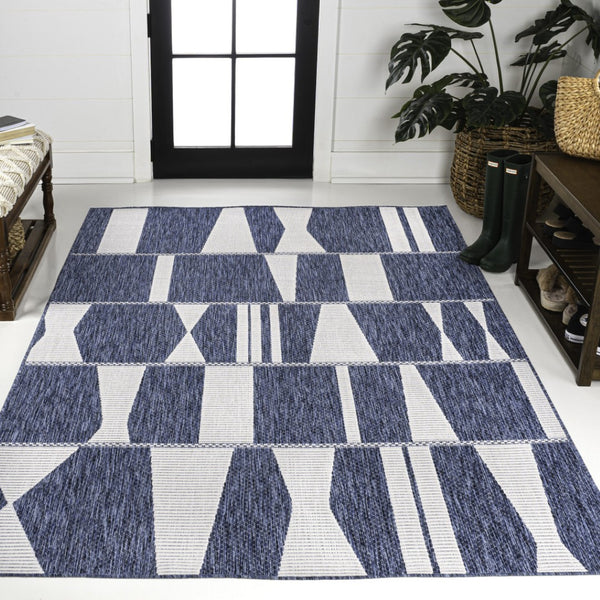 HomeRoots 8' X 10' Navy Blue Geometric Area Rug – Stylish, Weather-Resistant Design for Indoor & Outdoor Spaces 704644