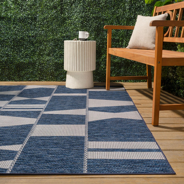 HomeRoots 8' X 10' Navy Blue Geometric Area Rug – Stylish, Weather-Resistant Design for Indoor & Outdoor Spaces 704644