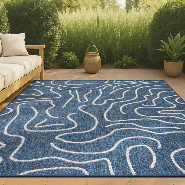 HomeRoots 8' X 10' Navy Blue and Cream Abstract Area Rug - Stylish Indoor/Outdoor Décor for High Traffic Areas 704684