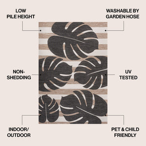 HomeRoots 5' Black and Beige Floral Area Rug – Versatile Indoor/Outdoor Design, Durable, Easy to Maintain, Stylish 704693