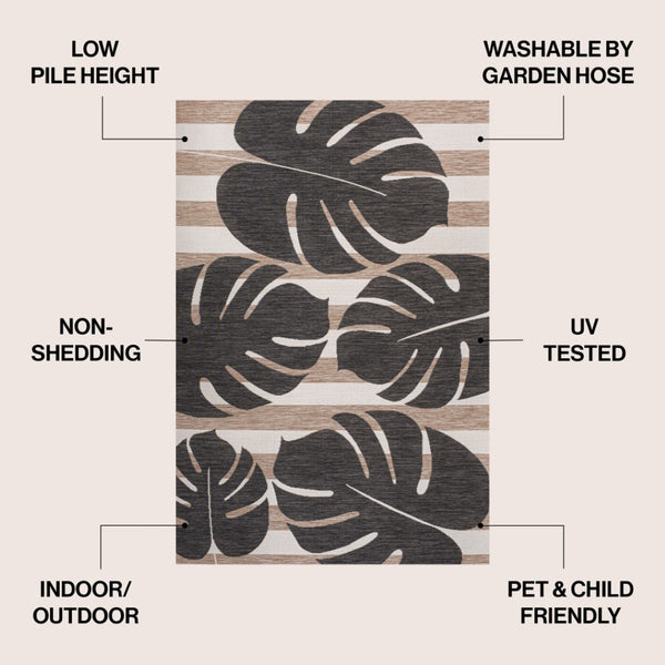 HomeRoots 5' Black and Beige Floral Area Rug – Versatile Indoor/Outdoor Design, Durable, Easy to Maintain, Stylish 704693