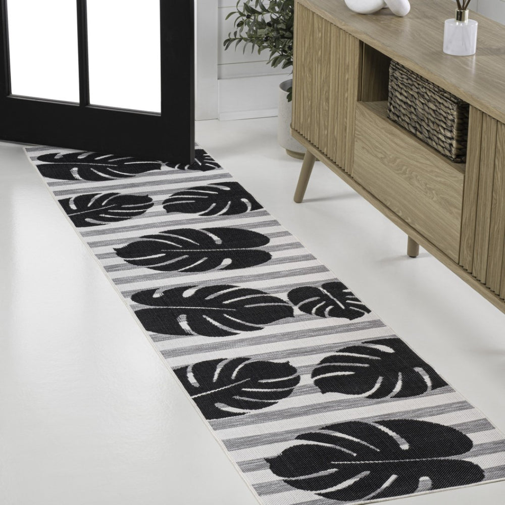 HomeRoots 8' Black and Gray Floral Runner Rug - Durable, Elegant Indoor/Outdoor Design for All Spaces 704695