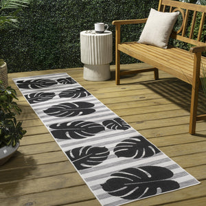 HomeRoots 8' Black and Gray Floral Runner Rug - Durable, Elegant Indoor/Outdoor Design for All Spaces 704695