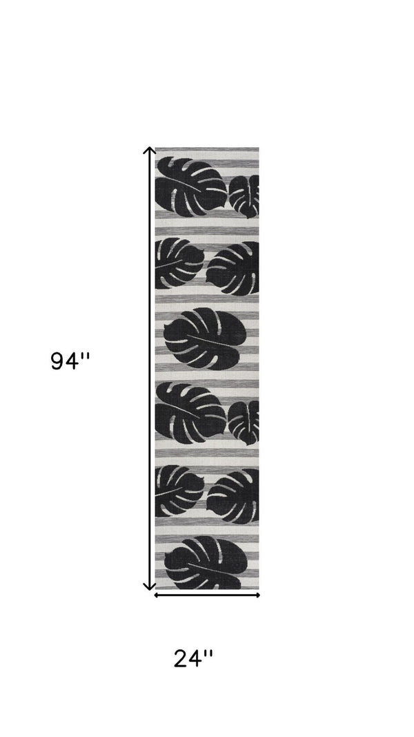 HomeRoots 8' Black and Gray Floral Runner Rug - Durable, Elegant Indoor/Outdoor Design for All Spaces 704695