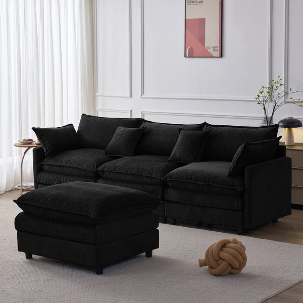 English Elm 105" L-shaped Chenille Sectional with Ottoman Pocket Spring Living Room Sofa Black W1097S00229