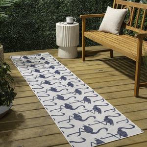 HomeRoots 8' Stylish White and Navy Blue Animal Print Runner Rug – Durable, Versatile for Indoor and Outdoor Use! 704720