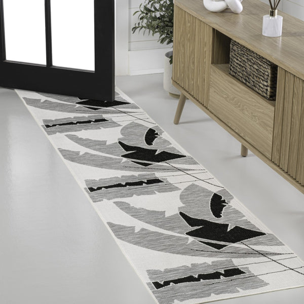 HomeRoots 8' Gray And Cream Abstract Runner Rug - Stylish Indoor/Outdoor Accent for High-Traffic Areas 704745