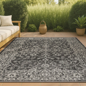 HomeRoots 5' Black and Gray Medallion Indoor-Outdoor Area Rug – Stylish, Durable, and Easy to Maintain for Any Space! 704753