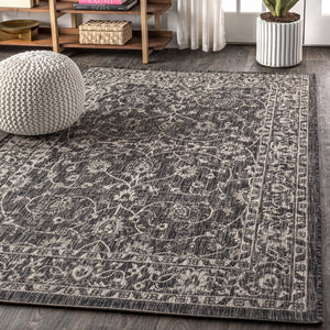 HomeRoots 5' Black and Gray Medallion Indoor-Outdoor Area Rug – Stylish, Durable, and Easy to Maintain for Any Space! 704753