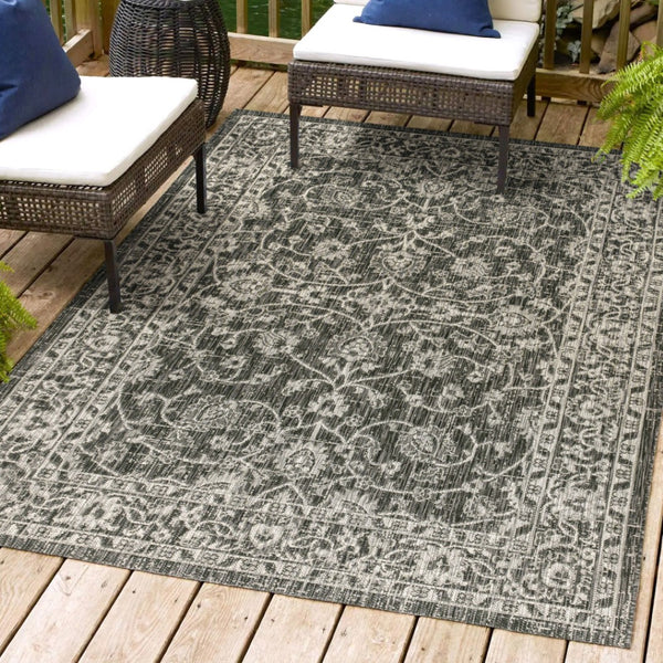 HomeRoots 5' Black and Gray Medallion Indoor-Outdoor Area Rug – Stylish, Durable, and Easy to Maintain for Any Space! 704753
