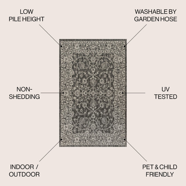 HomeRoots 5' Black and Gray Medallion Indoor-Outdoor Area Rug – Stylish, Durable, and Easy to Maintain for Any Space! 704753