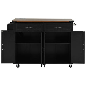 English Elm K&K Farmhouse Kitchen Island Cart 53.5" with Drop Leaf, Built-In Power Station, Ample Storage & Wheels Black N707P170348B