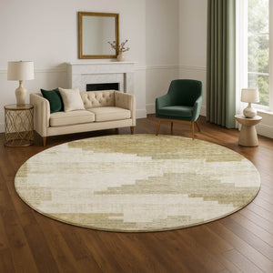 HomeRoots 8' Beige And Ivory Geometric Round Rug - Washable, UV-Protected, Perfect for High-Traffic Spaces! 704912