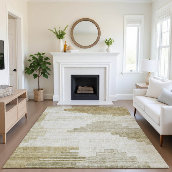 HomeRoots 10' X 14' Beige and Ivory Geometric Area Rug - Washable, Stain-Resistant with UV Protection & Style! 704915
