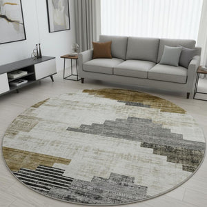 HomeRoots 8' Brown and Gray Geometric Washable Round Rug – Durable, Stylish, UV-Protected for High Traffic Areas 704918